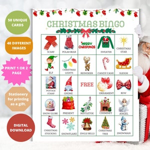 Christmas Bingo- Printable 50 Unique Bingo Cards Classroom game,Winter Bingo Holiday Activity, Family Bingo Cards ,Christmas printable games