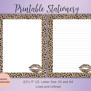 Puede incluir: Papelería imprimible con un borde de estampado de leopardo en tonos dorados y marrones. El diseño incluye una impresión de labios rojos en la esquina inferior. La papelería está disponible en opciones de líneas y sin líneas y en tamaños de 8,5 x 11 pulgadas, A5 y A4.