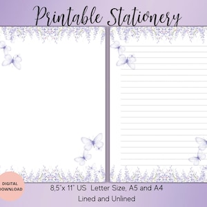 Fleur mauve avec papillons Papeterie-fleurs imprimable, papier à lettres, papier à lettres numérique fleurs, ligné A5/A4/US Letter