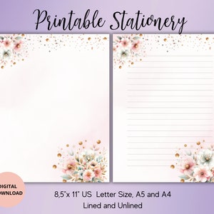 Papeterie-papier à lettres imprimable fleurs roses aquarelle papier à lettres numérique lettre A4/A5/US lettre avec ligné non doublé feuille de notes-mémo