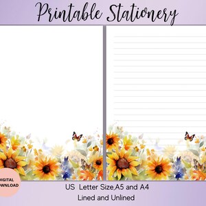 Puede incluir: Papelería imprimible con un diseño de acuarela de girasoles y mariposas. La papelería incluye una página en blanco y una página rayada. El texto en la parte superior dice "Printable Stationery". El texto inferior dice "US Letter Size, A5 and A4 Lined and Unlined".