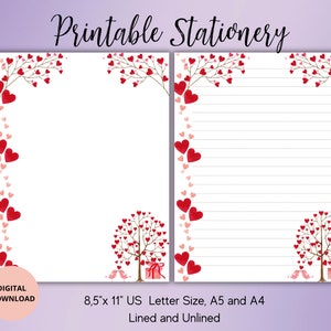 Papelería imprimible del corazón-Nota de amor Descarga digital-Día de San Valentín Línea de papel de escritura imprimible Sin forro A4/A5/Carta de EE. UU.-Papelería de amor