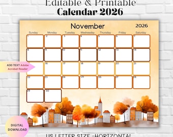November 2026 Editable Calnendar-November 2026 Fillable Monthly Planner-Autumn 2026 Calendar-Download Calendar