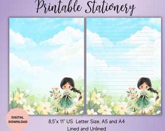 Girl and Flower Printable Stationery-Watercolor Summer Writing Paper Set Unlined Lined A4/A5/US Letter-Cute notepaper-Floral Stationary