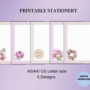 Ensemble de 5 motifs de papeterie imprimable fleurs - Ensemble d'écriture floral, ligné A4/A5/US Letter - Papier à lettres floral mignon floral mignon