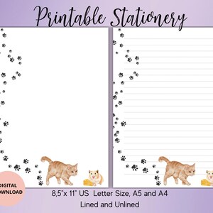 Cat and Mouse Printable Stationery-Animal Writing Paper Set Unlined Lined A5/A4/USLetter-Cute Stationery for Letters Notes-Cat Lover Notepad