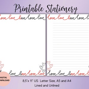 Nota de amor-Amor imprimible estacionario-Papel de escritura del día de San Valentín Descarga digital forrado sin forro A5/A4/USLetter-Carta de amor-Papelería del corazón