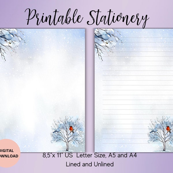 Winter Birds on Tree Printable Stationery/Festive /Winter Stationary/Snow Writing Paper Set Lined Unlined A4/A5/US Letter Instant Download