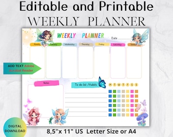 Editable Fairy Weekly Planner-School Planner Calendar-Printable School Timetable-Editable Class Schedule-Homeschool planner