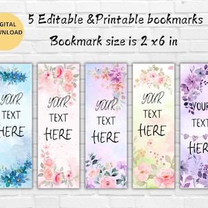 Personalized bookmarks-Editable in Canva Flower Bookmark Set-5 Editable Flower Bookmark Set for Book Lovers - Customizable Bookmarks Bundle