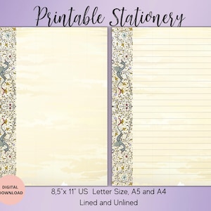 Peut inclure: Papeterie imprimable avec une bordure décorative à motif floral et de dragon. La papeterie est disponible en format US Letter, A5 et A4 et est proposée en version lignée et non lignée.