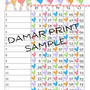 Love bingoborden - direct downloaden -15 lijnen - harten afdrukbare bingoborden - rechte gemengde blanco - bal 75