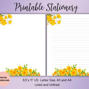 Daffodils Printable Stationery-Spring Flowers Writing Bundle-Digital download-Writing Set A4,A5,US Letter Lined Unlined Printable Stationery