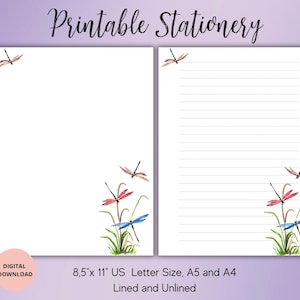 Papier à lettres imprimable libellule mignon papier à lettres-papeterie florale imprimable ensemble de papier à lettres ligné A4/A5/A5/US Letter Téléchargement numérique