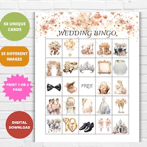 Wedding 50 Unique Bingo Cards-Wedding Shower Game-Bachelorette Game-Bridal Shower Games-Wedding Game Idea-Reception Game-Printable Bingo