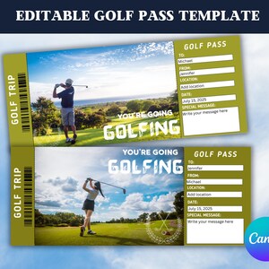 Golfing Surprise Gift Ticket-Golf Gift Voucher Certificate-Editable Surprise Golf Trip Ticket-Ticket Template-Editable in Canva-Printable