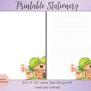 Papelería imprimible con divertidos animales de granja: juego de papel para escribir con animales, sin rayas, tamaño A4/A5/carta de EE. UU., papel de notas con animales adorables