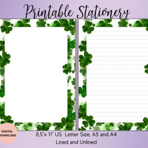 Ensemble de papier à lettres imprimable Clover - Papier à lettres floral, non ligné A5/A4/USLetter - Jolie papeterie pour lettres - Bloc-notes Clover