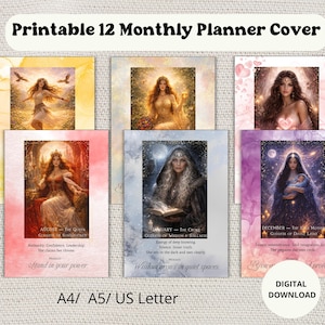 May include: A set of printable planner covers, each depicting a woman in a different scene, designed for monthly use. The covers include text such as "August - The Queen" and "December - The Sixth Mother". Available in A4, A5, and US Letter sizes. Digital download.