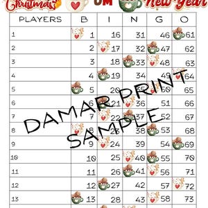 Pode incluir: Um cartão de bingo com tema de Natal e Ano Novo com um design festivo. O cartão apresenta uma grade com números e ilustrações de bonecos de gengibre e canecas de chocolate quente. As palavras "Merry Christmas" e "Happy New Year" são exibidas.