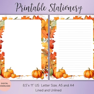 Papelería imprimible con calabazas de otoño, papelería imprimible de otoño, papel de escritura imprimible con rayas, sin rayas A4, A5, tamaño carta de EE. UU., descarga digital