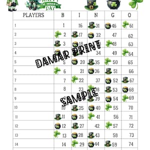 Tableros de bingo para el día de San Patricio: tableros de bingo imprimibles de 1 a 15 líneas, en blanco, mixtos, de 75 bolas
