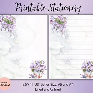 Purple Flower Printable Stationery-Floral Writing Paper-Letter Paper A4/A5/US Letter Lined Unlined Instant Download-Floral Cute notepads