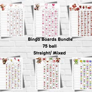 Puede incluir: Un conjunto de seis tableros de bingo con temática de San Valentín. Cada tablero presenta un diseño diferente con corazones, osos de peluche y otros gráficos festivos. El texto "Bingo Boards Bundle" y "75 ball Straight/ Mixed" también es visible.