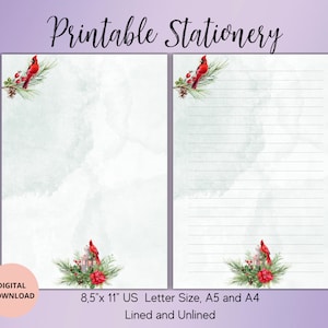 クリスマスの花と鳥の印刷可能な文房具 - 冬の花の花柄レターライティングセット A5/A4/USレター 罫線付き 罫線なし メモ帳 - お祝い