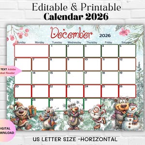 Peut inclure: Calendrier de décembre 2026, imprimable et modifiable, sur le thème de l'hiver. Le design présente un fond bleu clair avec des accents rouges et verts. Des ours de dessins animés et un bonhomme de neige sont en bas. Le texte "Editable & Printable Calendar 2026" est en haut.