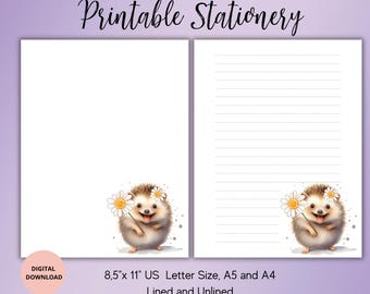 Hedgehog Printable Stationery- Animal Writing Paper Set Unlined Lined A4/A5/US Letter-Cute Animal Notepaper