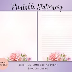 Ensemble de papeterie fleurs roses et papillons avec doublure non doublée A4/A5/US Letter-papier à lettres floral imprimable-fournitures pour stylo fleurs
