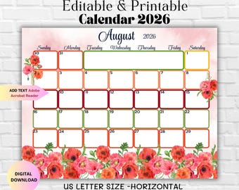 Editable August 026 Calendar-Printable Monthly Planner for Family, School, Office & Home Organizer-Printable PDF-Summer Planner