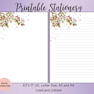 Papelería imprimible con diseño de flor de manzano - Papel de carta con diseño de flores de primavera, rayado, sin rayar, tamaño A5/A4/carta de EE. UU. - Papel de notas digital con diseño de flores - Carta botánica