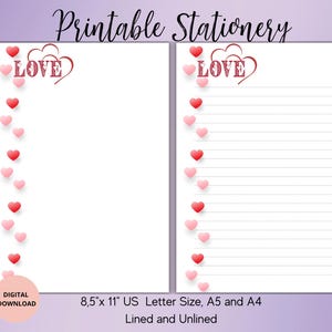 Papelería imprimible con texto en inglés "Love" - Papel para escribir imprimible para el día de San Valentín con rayas y sin rayas, tamaño A4/A5/US Letter - Papelería con texto en inglés "Love" - Papel para notas con letras de amor - Papel para notas con corazones