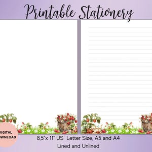 Papelería imprimible con diseño de fresas y flores - Suministros para amigos por correspondencia con flores - Juego de papel para escribir de verano con líneas y sin líneas, tamaño A4/A5/carta de EE. UU. Descarga instantánea