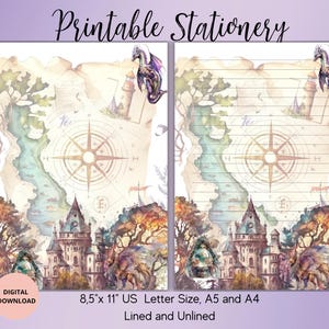 May include: Printable stationery featuring a fantasy map design with a compass rose, castle, and dragon illustrations. The stationery is available in 8.5" x 11" US Letter size, A5, and A4, with lined and unlined options. Digital download.