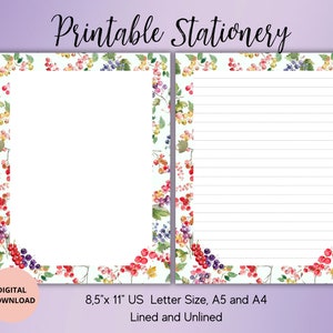 Beeren Druckbares Briefpapier-Set, Blumen-Schreibset, liniert, A4/A5/US-Buchstabe, sofortiger Download, florales süßes Notizpapier, Sommer-Briefpapier