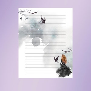 Gothic Girl Raven Schrijven Set-Crow Afdrukbaar Briefpapier-Vogel Schrijven Papier Letter Set A4/A5/US Letter Instant Download Ongevoerd Gevoerd afbeelding 3