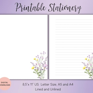 Conjunto de escrita de flores silvestres, papelaria para impressão de flores, conjunto de cartas de papel para escrever A4, A5, USLetter, download instantâneo, pautado sem pauta, carta botânica