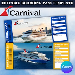 Billet de croisière Carnival MODifiable - carte d'embarquement modifiable - impression cadeau surprise billet de croisière - carte d'embarquement - modèle toile - téléchargement immédiat