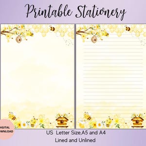 Può includere: Set di cancelleria stampabile con un design ad acquerello di api, favi e fiori. Il set include carta a righe e non, con il testo "Printable Stationery" in alto. Carta formato US Letter, A5 e A4.