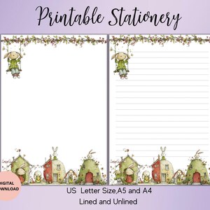 Pode incluir: Papelaria imprimível com ilustrações caprichosas. O design inclui um coelhinho num baloiço, casas e detalhes florais. A papelaria está disponível nos tamanhos US Letter, A5 e A4, com opções pautadas e sem pauta. O texto "Printable Stationery" está no topo.