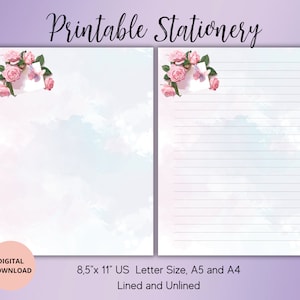 Papier à lettres floral rose aquarelle imprimable, lettre d'amour, lettre A4/A5/US, ligné non doublé, feuille pour mémo