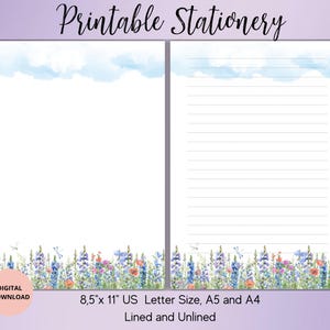 Papeterie imprimable fleurs sauvages d'été - Champ d'été avec fleurs, papier à lettres floral, papier à lettres, sans doublure, A4/A5/US Letter