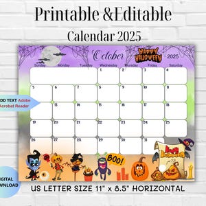 EDITABLE October 2025 Calendar-Cute Spooky Halloween 2025 Planner-October Digital Monthly Planner-Family Calendar-Halloween Planner