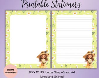 Daisy and Girl Printable Stationery-Summer Writing Paper Set Unlined Lined A4/A5/US Letter-Cute notepaper-Floral Stationary-Pen pal for Girl