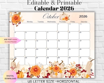 Editable October 2026 Calendar-October Printable Planner- Digital Monthly Planner-Family Calendar -Home Management-Autumn Calendar