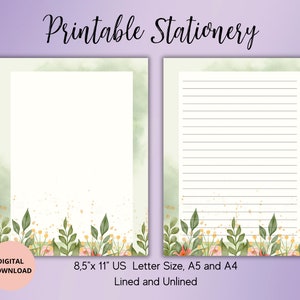 Carta botánica-Papelería imprimible con flores de acuarela-Papelería estacionaria de flores-Juego de escritura de cartasA5/A/US LETTER Bloc de notas forrado sin forro PDF digital