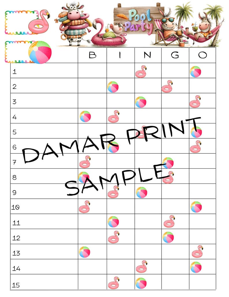 K&ouml;nnte beinhalten: Eine Bingo-Karte zum Thema Poolparty mit Zeichentricktieren, rosa Flamingo-Schwimmringen und bunten Strandb&auml;llen. Das Gitter zeigt oben die Buchstaben B-I-N-G-O und den Text DAMAR PRINT SAMPLE, der &uuml;ber die Mitte des Spielbretts gelegt ist.